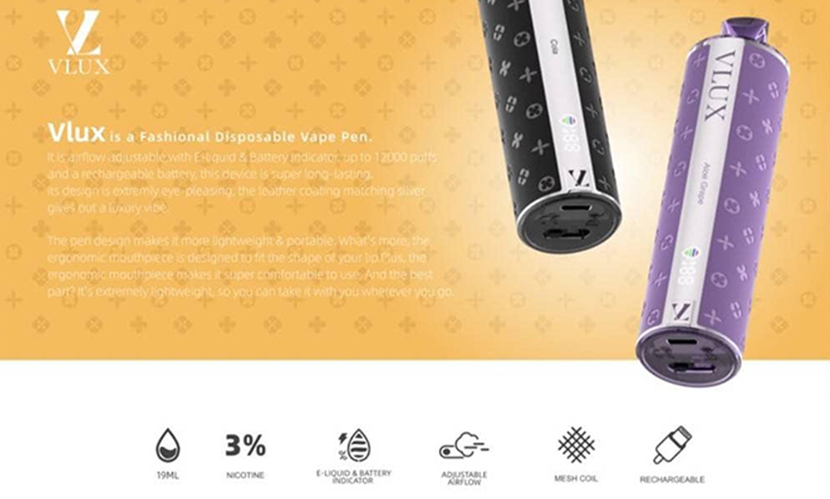 Vlux 12000 Puffs พอตใช้แล้วทิ้ง VLUX พร้อมหน้าจอแสดงสถานะ